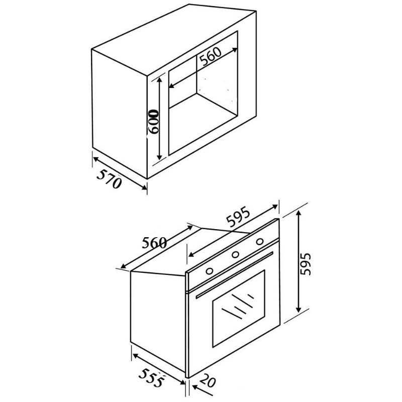 Kích thước lò nướng Malloca MOV-65DA ( Kính Trắng ) Kích thước lò nướng Malloca MOV-65DA ( Kính Trắng )