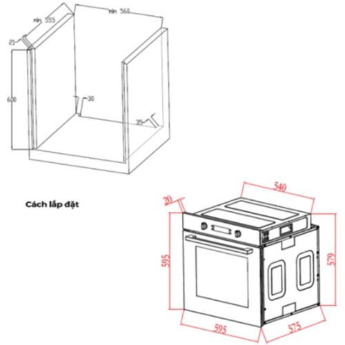 Kích thước lò nướng Kocher KOEU-71S14F