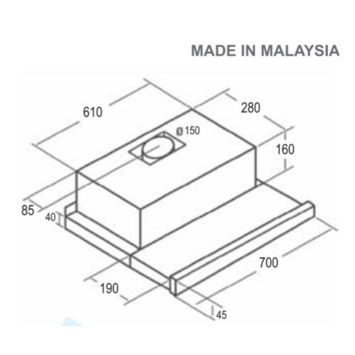 Kích thước máy hút mùi âm tủ tuần hoàn Pramie ALH-700