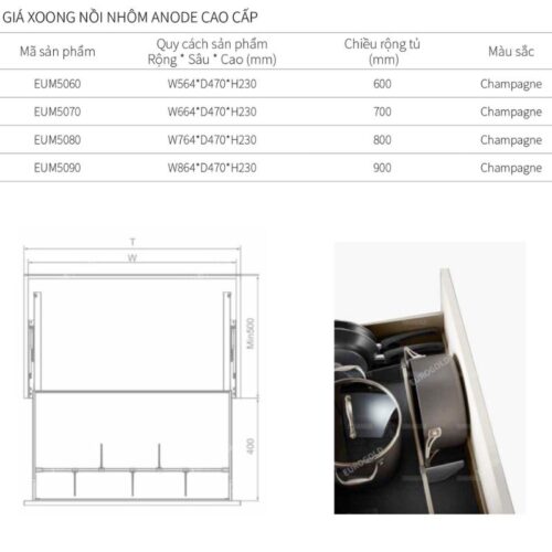 Giá xoong nồi Eurogold EUM5060 3 Kích thước giá xoong nồi Eurogold EUM5090