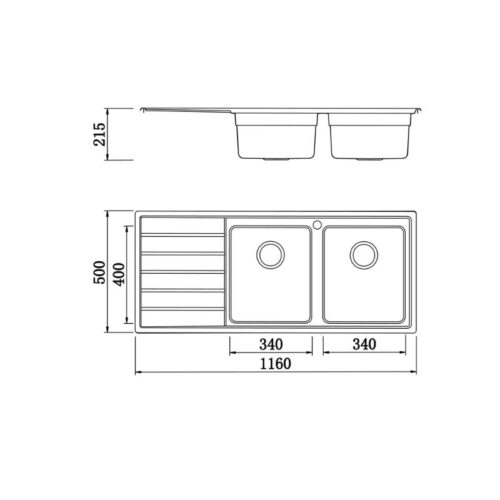 Kích thước chậu rửa bát Konox European sink Premium KS11650 2B Bàn trái