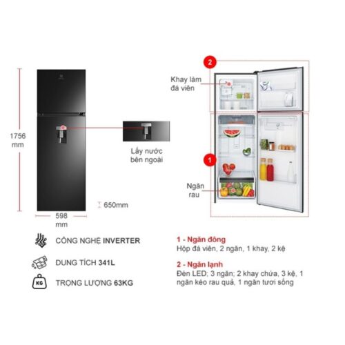 kich thuoc tu lanh 2 canh inverter 341 lit electrolux etb3740m h