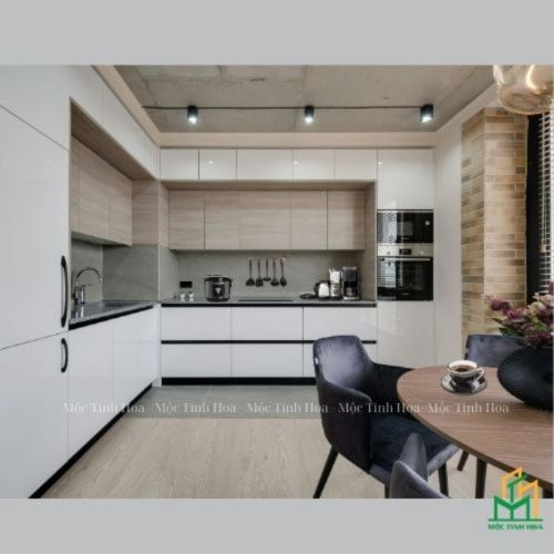 Mẫu tủ bếp Inox cánh kính cường lực CKCL03 - Tủ bếp chữ L, hiện đại