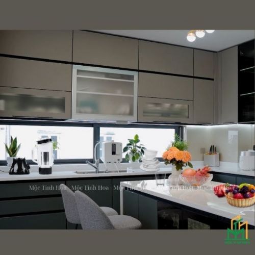 Mẫu tủ bếp Inox cánh kính cường lực CKCL04 - Tủ bếp chữ L, hiện đại