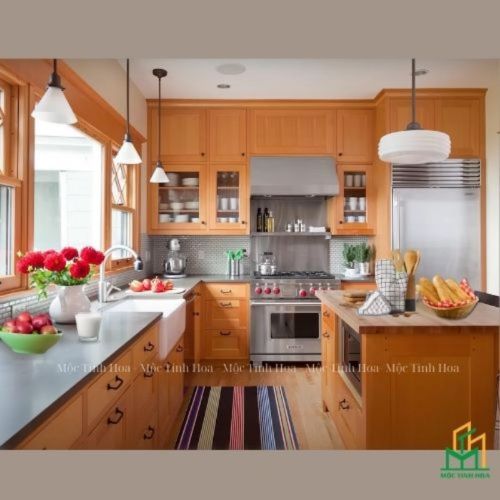 Mẫu tủ bếp Inox cánh kính cường lực CKCL05 - Tủ bếp chữ L, hiện đại