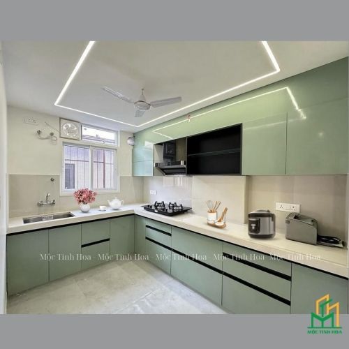 Mẫu tủ bếp Inox cánh kính cường lực CKCL18 - Tủ bếp chữ L, hiện đại